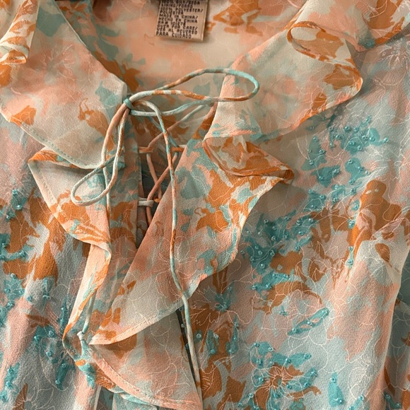 Ice Floral Ruffle Blouse - Teal and Orange - Picture 4 of 12